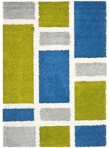 SAFAVIEH Abstrakt Teppich für Wohnzimmer, Esszimmer, Schlafzimmer - Shag Collection, Kurzer Flor, Blau und Grün, 160 X 229 cm