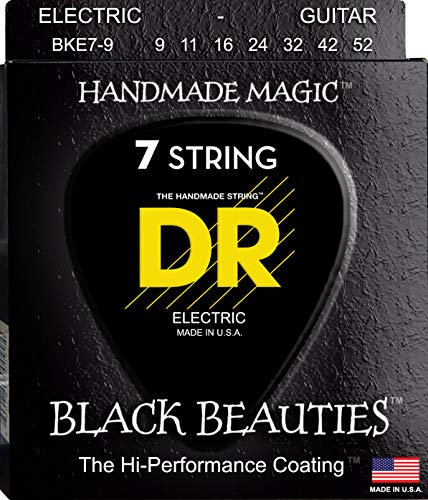 DR BKE7-9 Cuerdas Black Beauties™ - Cuerdas de guitarra eléctrica de color NEGRO: 7 cuerdas de luz 9-52