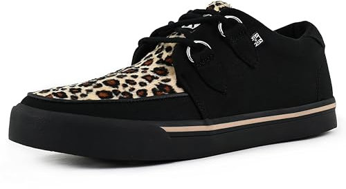 T.U.K. Vegan Creeper Sneaker - Herren & Damen Schuhe - Farbe Black Canvas & Leopard Print - Puck, Goth und Rocker Style Leder und Wildleder Schnürschuhe - Größe 41