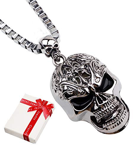cholinchin Schmuck Edelstahl Totenkopf Skull Kette mit Anhänger,Punk Rock Schmuck Schädel Halskette Totenkopf Schädel Anhänger Biker Gotik mit 60cm Kette für Herren Mann,Silber
