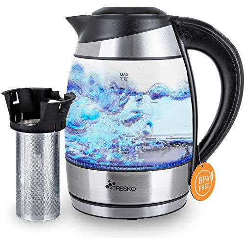 TRESKO Glas Wasserkocher 1,8L Edelstahl 2200W | Teekocher mit Teesieb und Kalkfilter | 100% BPA FREI | LED Innenbeleuchtung und Temperatureinstellung | Warmhaltefunktion