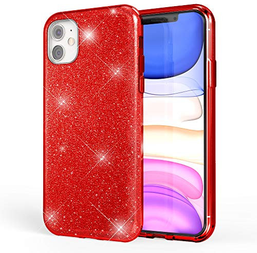 NALIA Glitzer Hülle kompatibel mit iPhone 11, Diamant Schutzhülle Glitter Case Bling Cover Silikon Handyhülle Dünn, Ultra-Slim Phone Backcover Handy-Tasche Diamond Bumper Strass Etui, Farbe:Rot