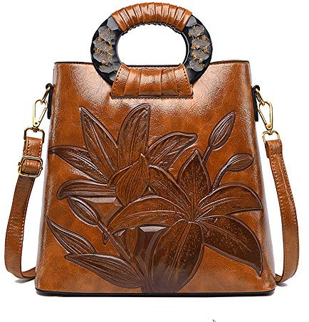 Coolives Damen Handtasche Holz Henkel Henkeltasche Klassische Blumenprägung Umhängetasche Schultertasche Braun EINWEG