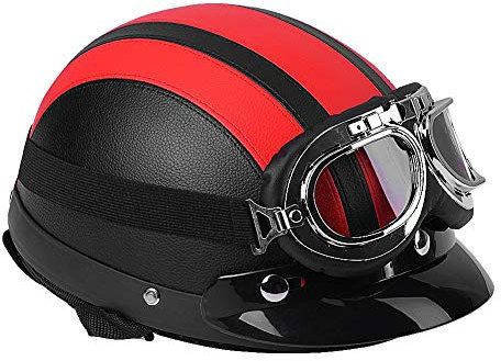 54 – 60 cm Motorradhelm, offener Helm aus Leder und weichem Innenfutter, mit -beständiger Brille, Rot.
