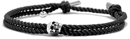 Nato Cuff - Totenkopf Skull Armband in Silber 925 - Mailänder Seidenkordel - Herren- oder Damenschmuck Handgefertigt in Frankreich (Schwarz)