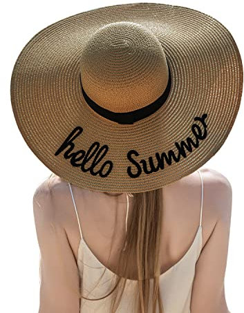 SoulQool Chapeau de paille à large bord pour femme, chapeau de soleil, casquette de plage, pliable, grand chapeau de plage enroulable, café, taille unique
