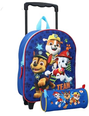 mybagstory Trolley – Rucksack – 3D – Paw Patrol – Kinder – Schule – Grundschule – Kindergarten – Krippe – Schulranzen für Jungen – Größe 32 cm – verstellbare Träger – Rollen + Federmäppchen, blau,