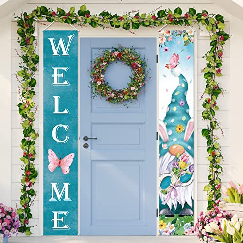 Tiamon Frühling Veranda Banner mit Zwerg Schmetterling Blumenmuster Tulpe, 180 x 32 cm, Blau, 2 Stück mit 4 Stangen und 2 Seilen, für Innen- und Außenbereich, Party, Ostern