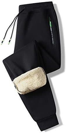 ZOXOZ Jogginghose Herren Baumwolle Sherpa Gefüttert Warme Winter Fleece Traininghose Sporthose Lang mit Reißverschluss Taschen Schwarz XL