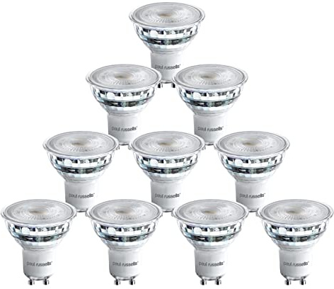 paul russells LED Glass GU10 – Dimmable Fittings Spot Lightbulbs, 4.5W 345 Lumens LED Bulbs, 50w Equivalent, Bright 2700K Warm White, Dimmer Energy Saving 38° Ceiling Spotlights, 10 Pack