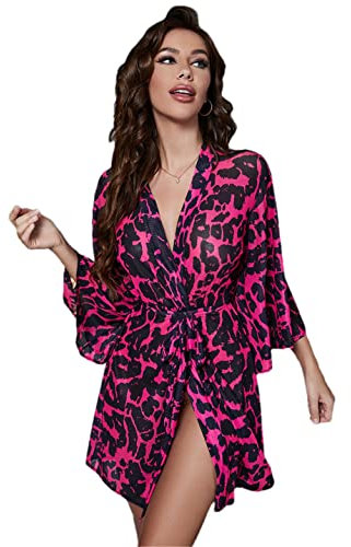Pulcykp Albornoz con estampado de leopardo para toda la ropa, ropa de noche de malla, acogedora, para boda, fiesta, bata con cinturón, fucsia, S