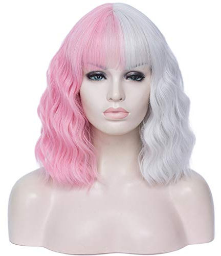 Perücke Damen Cosplay Perücke Schwarz und Rosa Rot Orange Grün Lila Blau Zweifarbige Nähte Kurz Locken Ombre Zweifarbige Kunsthaar-Ersatzperücken (Farbe: 5, Größe: 35,6 cm)