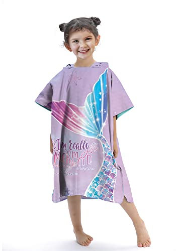 Rowjoy Badeponcho Kinder, Kinder Strandtücher Mikrofaser, Schnell Trocknender Bademantel für Jungen Mädchen (Pink Mermaid)