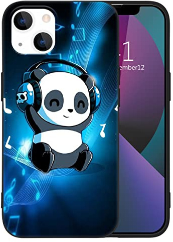 MAYCARI Cute Funny Music Panda Phone Case for iPhone 14 Plus, Black Liquid Silicone Girly Cases,Cartoon Soft Gel Rubber Full-Body Protective Microfiber Lining Shockproof Cover for Boys, Women, Men