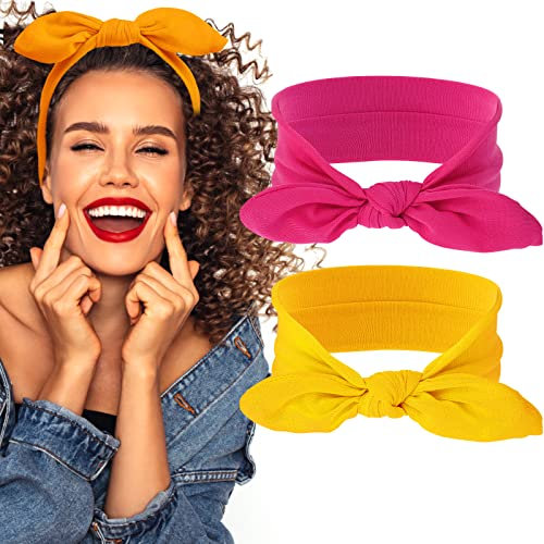 Sibba 2 Stück Stirnbänder Vintage Kaninchenohrschleife Headwraps Boho Stirnband Kaninchenohr Haarband Haarschmuck für Frauen Mädchen (Schwarz) (Gelb+Rosarot)