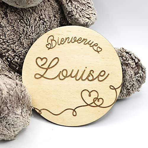 Carte bienvenue bébé rond en bois, texte & prénom personnalisable, panneau pour la séance photo de naissance, thème coeur, idée cadeau, baby, baptême, décoration champêtre, souvenir