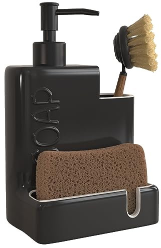 Karisky Distributeur de savon avec porte-éponge et porte-brosse, distributeur de savon à vaisselle en céramique, organisateur de savon liquide 3 en 1 avec entonnoir pour évier de cuisine, comptoir,