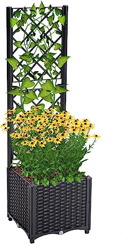 Mingone Kletterpflanzen-Set mit Selbstbewässerung, 40×40×136 cm - Pflanzkübel aus Kunststoff-Rattan inkl. 96 cm Rankgitter, UV-beständig & frostsicher (Schwarz)