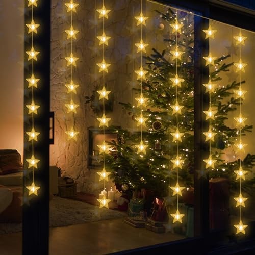 CNMTCCO Christmas Fairy Curtain Lights 3M x 1M 100 LED USB Twinkle String Light 2-in-1 with 8 Modes Curtain Lights with Star Pendants & Remote for Xmas Party Wedding Warm White Fairy Light Curtain