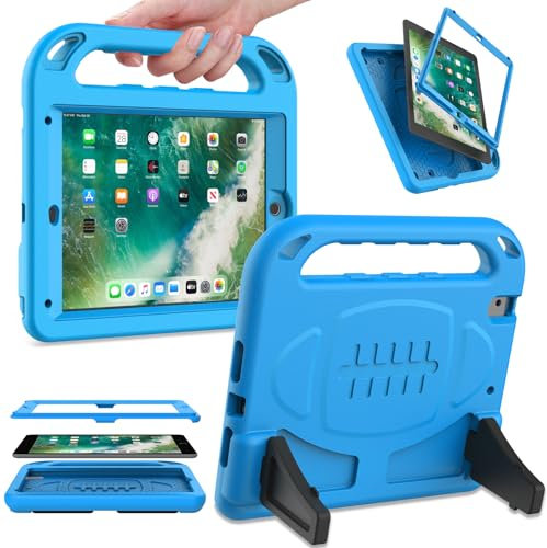 SINSO Kids Case for iPad 6th/5th Gen & iPad Air 2, Built-in Screen Protector, Shockproof Handle Stand, Blue