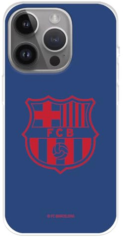 Schutzhülle für iPhone 15 Pro Max FC Barcelona, rotes Wappen, blauer Hintergrund, transparent, zum Schutz Ihres Handys, flexible Silikonhülle mit offizieller Lizenz FC Barcelona