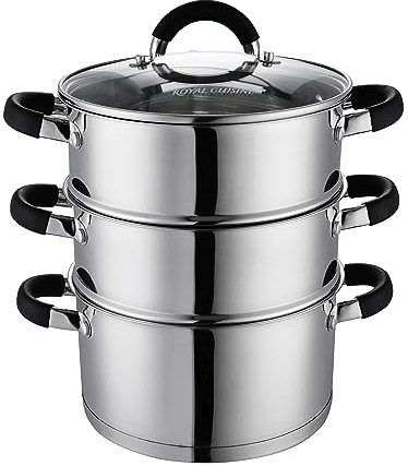 Royal Cuisine 3 Tier Multi Layer Stainless Steel 22cm Steamer cooking Pot With Stackable Pan Insert/Glass Lid Cookware Set food steamer with Silicone Handles induction cookware