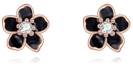 POPLYKE Schwarze Blume Ohrringe Damen Schwarz und vergoldet Sterling Silber Ohrstecker Emaille Ohrringe Koreanische Ohrringe