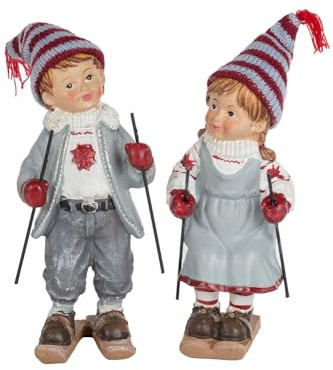 Wohnando Winterkinder Figuren – Mädchen & Junge auf Skiern | Nostalgische Dekofiguren aus Resin, handbemalte Details, klassisches Wintermärchen-Design