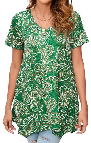 Enmain Camiseta Mujer Manga Corta Top Túnica Larga Cuello de Pico Blusa Elegante y Cómoda Talla Grande Tops Estampadas T Shirt para Mujeres,Verde,XXL