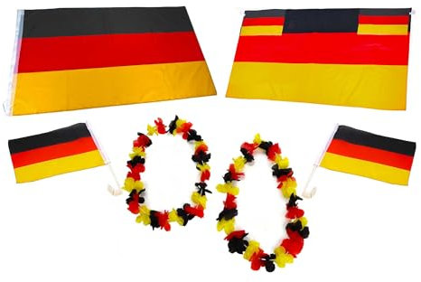 Deutschland 6-er Set Fanartikel, 1x Deutschland-Fahne, 2x Autofensterfahnen, 2x Hawaii-Ketten und 1x Flaggen-Cape mit Ärmel und Daumenschlaufen