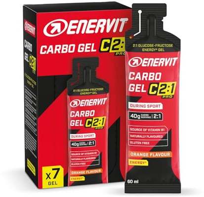 Enervit Carbo Gel C2:1PRO Orange, Gel Energetico, 40g di Carboidrati, Attività ad Alta Intensità, +50% di Carboidrati Assorbiti, Gusto Arancia, Senza Glutine, Vegan, Alta Digeribilità, 7 Pack da 60ml