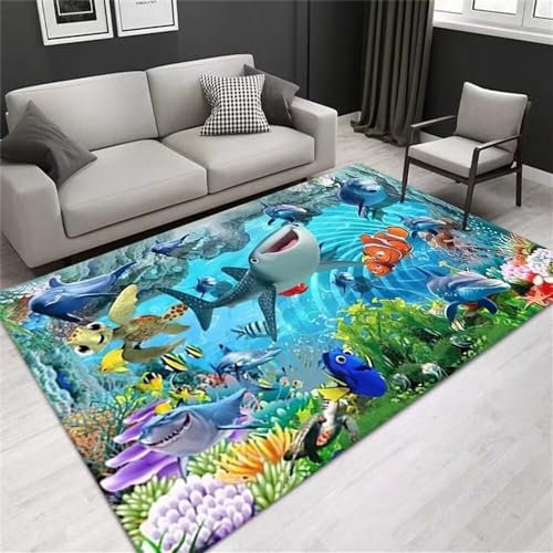 Camping Teppich Für Draußen Anti Rutsch Kinderzimmer blau Cartoon-Muster Dekoration komfortable Schalldämmung cool Flickenteppich Waschbar 70X140CM