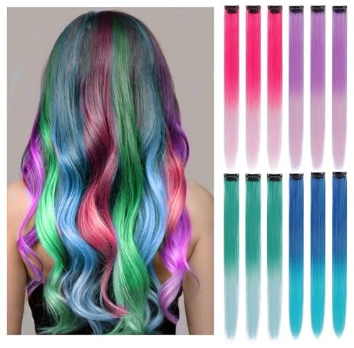 12 PCS Coloured Hair Extensions Clip In for Kids Girls Women, 22 Rainbow Hair Extensions, Highlights Colorful Hair Extensions,Synthetic Straight Hair Piece DIY Girls Hair Accessories on Daily Party