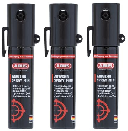 ABUS Abwehrspray SDS80 Mini zur Tierabwehr – Pfefferspray zur Selbstverteidigung bei Tierangriffen – Jet-Sprühstrahl für bis zu 3 m Reichweite – für Hand- und Jackentaschen - je 20 ml - 3er Set
