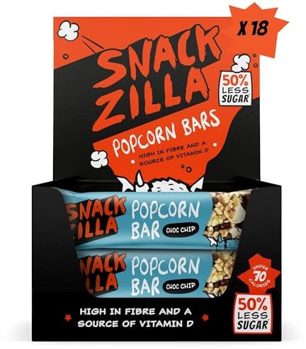SNACKZILLA Chocolate Chip Popcorn Bars, 66 Calories, Healthy Snacks For Adults & Kids Snack Bars, Pop Corn & Chocolate Cereal Bars, Vegetarian Snack, High Fibre Bars & Vit D, Lunchbox Snack (18 x 19g)
