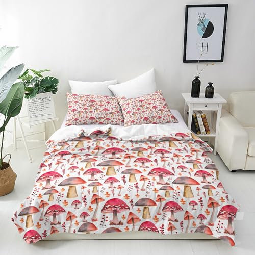 ANHOPE Aquarell Pink Pilz Bettwäsche Set 2 Teilig Bettbezug 135x200 cm + Kissenbezug 80x80 cm Weich Microfaser Bettbezüge Set mit Reißverschluss Ganzjahres Bettdeckenbezug Set