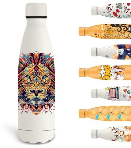 Grsta Gourde, 500ml Gourde Isotherme, Bouteille d'eau Sans BPA, Gourde Personnalisée avec un Lion, Gourde Enfant Garde au Froid Pendant 24 Heures/Chaud Pendant 12 Heures, pour l'École, Bureau, Blanc