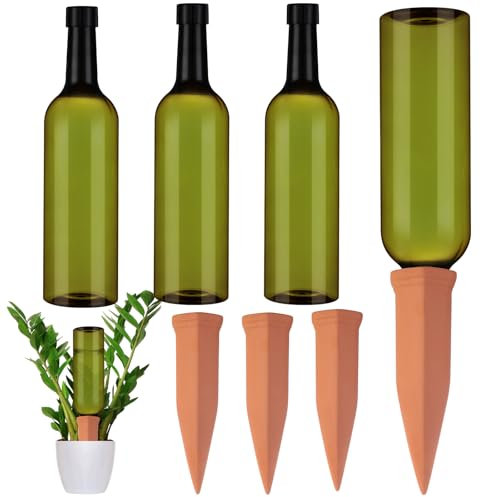 SiliFine 3 Sets Plant Watering Devices Include Terracotta Self Watering Spikes and 26 oz Plastic Bottles, Slow Release Vacation Insert Automatic Plant Waterer Device (Dark Green and Terracotta)