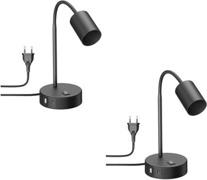 ledscom.de 2 Stück Tischlampe WAIKA, Schwanenhals, Schalter, rund, schwarz, USB-A, USB-C, 1x GU10 max. 15W
