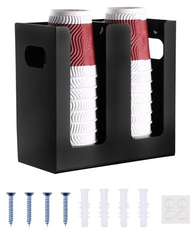 sourcing map Disposable Coffee Cup Dispenser, 2 Compartments Black Acrylic Paper Cup and Lid Plastic Storage Organizer Holder with Mounting Tools for Home Kitchen Office Countertop
