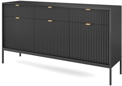 Emporius Sideboard mit Schubladen Galla - Dreitürige Sideboard 150 cm, Wohnzimmer - Gold Griffen, geriffelten Fronten - Schwarz