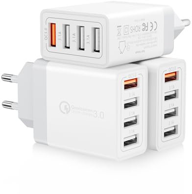 Cargador USB Multiple (3 Pack), 33W QC3.0 4 Puertos Enchufe USB Carga Rapida 33W Cargador Movil para iPhone 14/13/12/11 Pro Max/XS/XR/8/7/6/5, iPad, Samsung Galaxy S21/S20/S10/S9/A14/A15/A34/A55