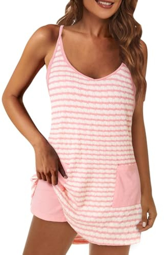 Fisoew Combinaison rayée et col en U pour femme - Robe de tennis avec soutien-gorge intégré et short - Robe d'été courte avec poches, rose clair, S