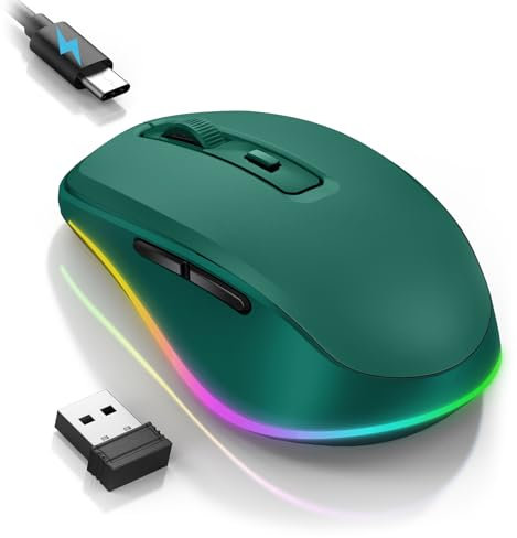 seenda Souris sans fil LED rechargeable avec souris Jiggler, silencieuse 2,4 G USB pour ordinateur portable, ordinateur sans fil DPI 2000 éclairée pour PC, Windows, Mac OS, vert foncé
