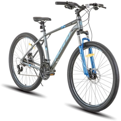 Hiland 27,5 Zoll Aluminium Mountainbike, 21 Gänge MTB mit hydraulische Scheibenbremsen, Lock-Out Federgabel, Fahrrad für Männer Herren Mountainbike Erwachsene Damen Fahrrad, Grau und Blau