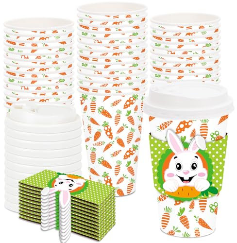 Whaline Einweg-Kaffeetassen mit Deckel und Hüllen, niedlicher Osterhase, Karotte, Papier-Trinkbecher, grün-weiß, Pappbecher, für Ostern, Frühling, Partyzubehör, 50 Stück