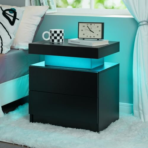 Cubehom LED Bedside Table with 2 Drawers Modern Bedside Table LED Nightstands for Bedroom (Black, 1PCS)