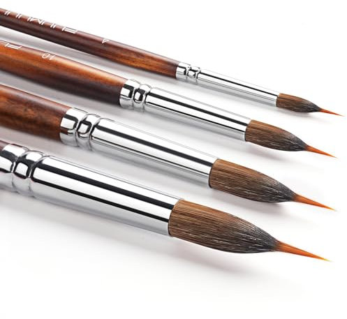 Fuumuui Professional Watercolour Brushes 4Pcs with Patented Design, Extended Needle Point Synthetic Long Pinhead, Kolinsky Sable Body for Fine Detailing - Watercolour Acrylic Gouache Inks Painting