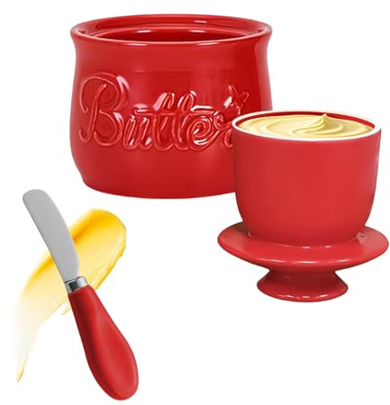 Burriera rotonda con coperchio, burro francese con coltello per burro morbido, in ceramica con linea di galleggiamento, burriera in porcellana, lavabile in lavastoviglie (rosso)