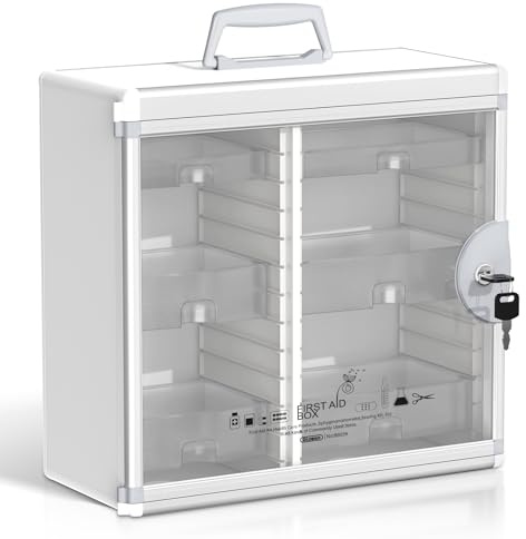Glosen Lockable Medicine Cabinet Organizer, Bathroom Medicine Storage Box Wall-Mounted, Portable Medication Lock Box with Key 15.63 * 6.5 * 15.43 Inches (White, Large)